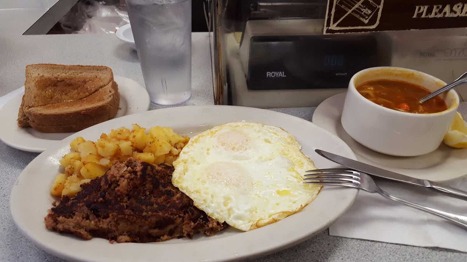 Pictured above 2 over easy served with home fries and our world famous corn beef hash &amp; a side or toast ($7.75). The Busy Bee is a great place for breakfast with an extensive menu that allow’s you to mix and match your favorites.